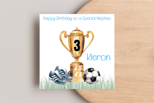 Personalised Football Themed Trophy, Ball and Boots Birthday Card