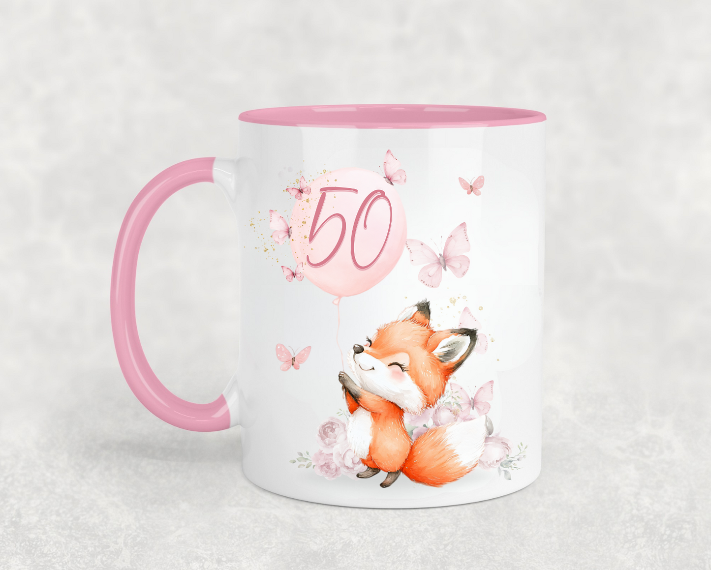 Cute Fox and Butterflies Pink Birthday Mug
