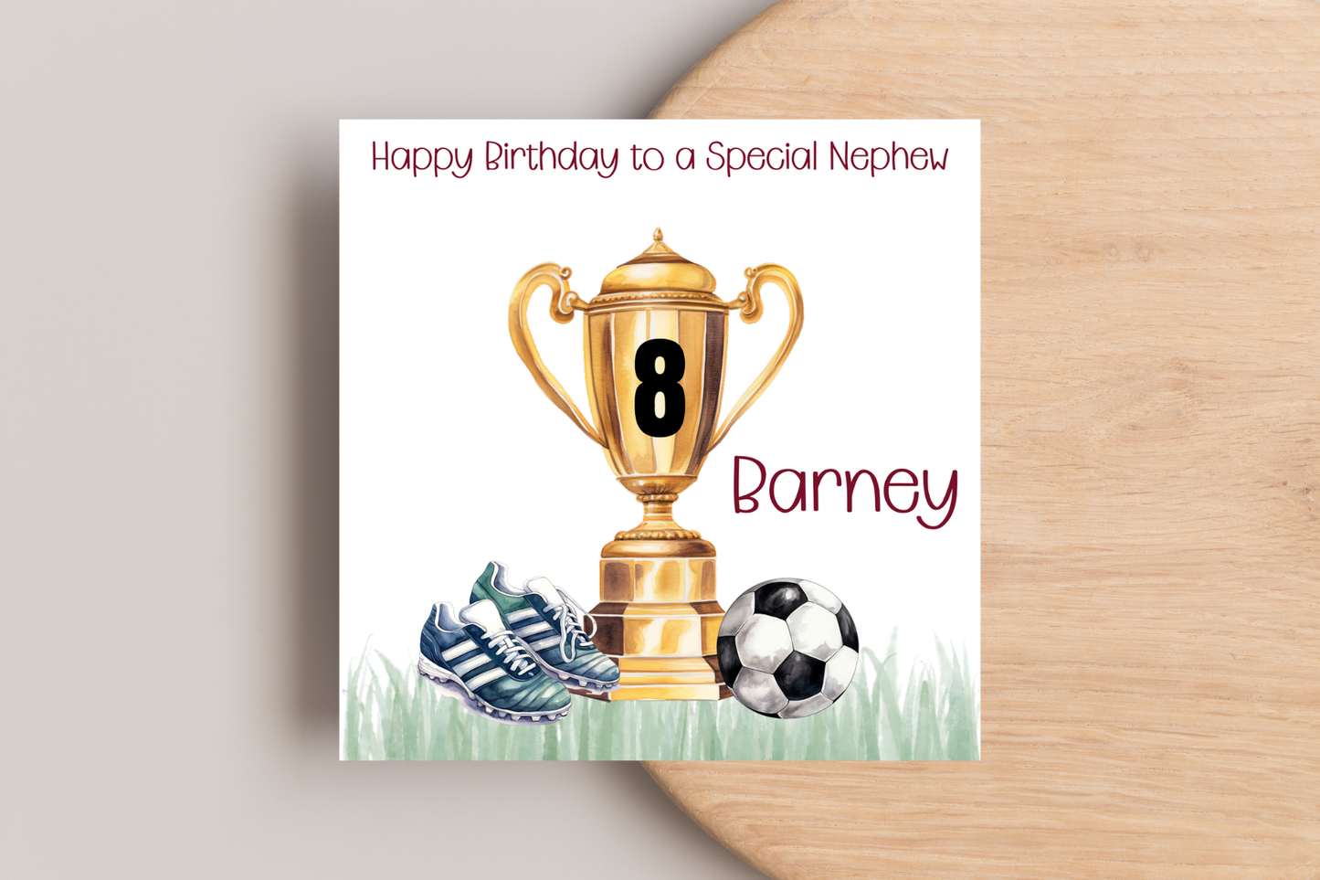 Personalised Football Themed Trophy, Ball and Boots Birthday Card