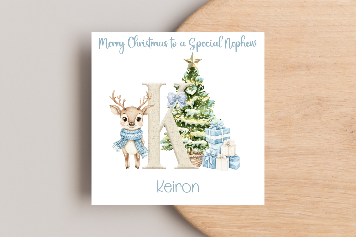 Personalised Reindeer Blue Christmas card