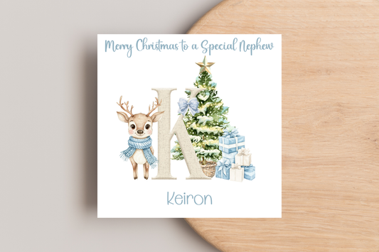 Personalised Reindeer Blue Christmas card