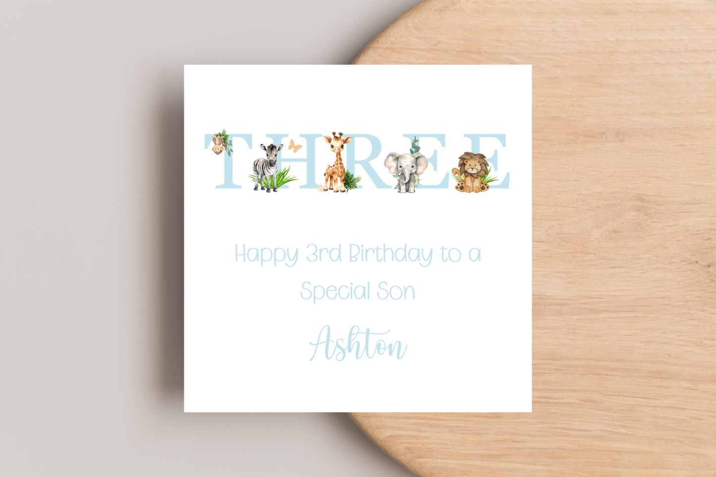 Personalised Jungle Animal Blue Birthday card