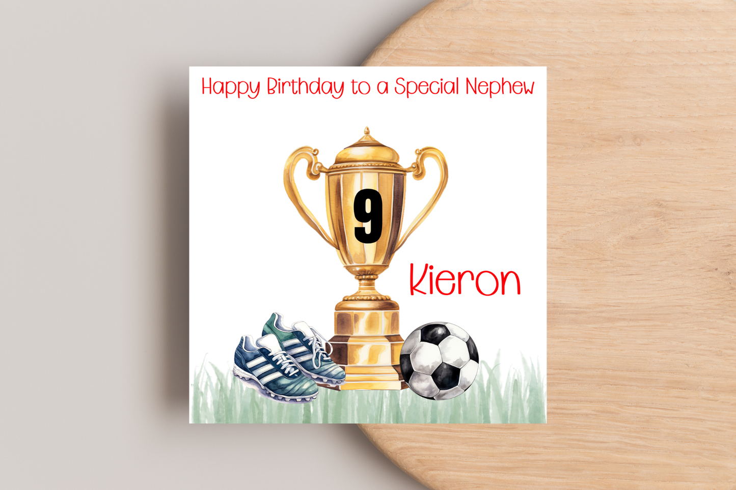 Personalised Football Themed Trophy, Ball and Boots Birthday Card