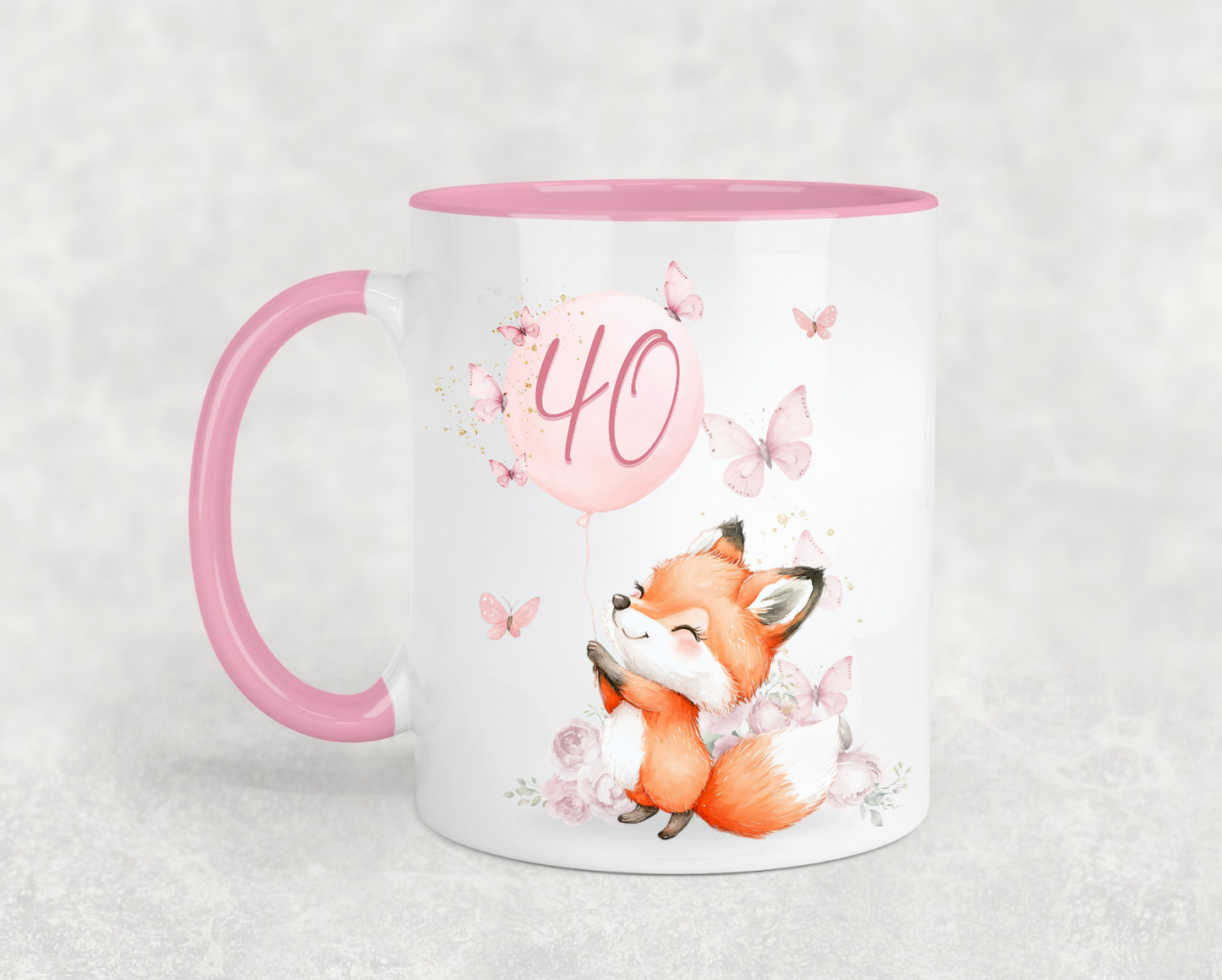 Cute Fox and Butterflies Pink Birthday Mug