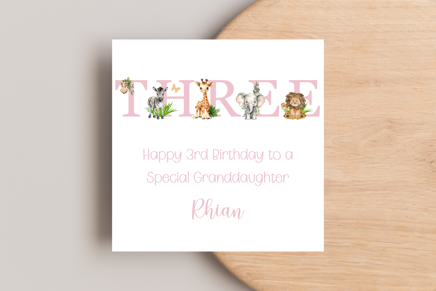 Personalised Jungle Animal Pink Birthday card
