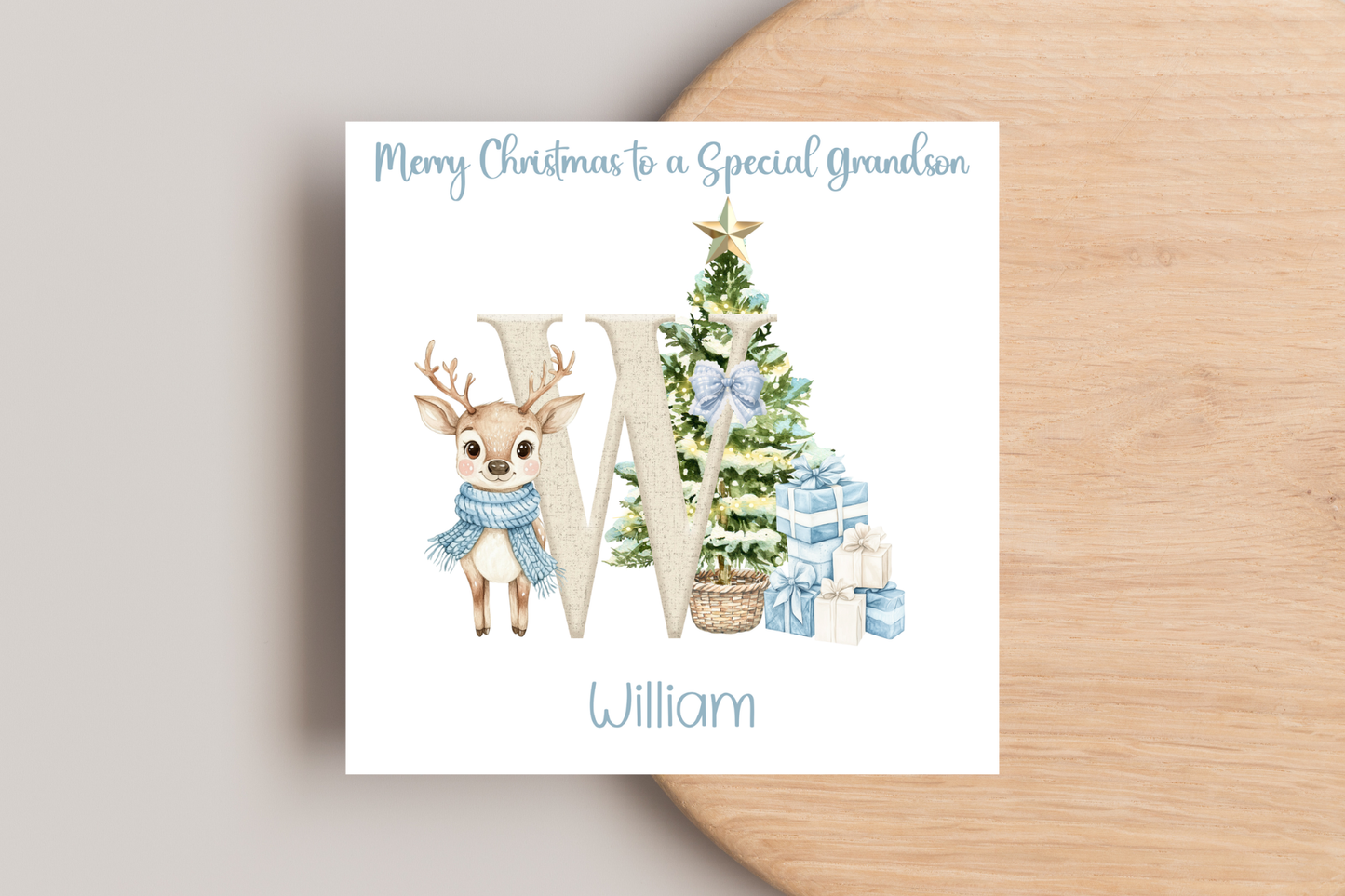 Personalised Reindeer Blue Christmas card