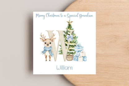 Personalised Reindeer Blue Christmas card