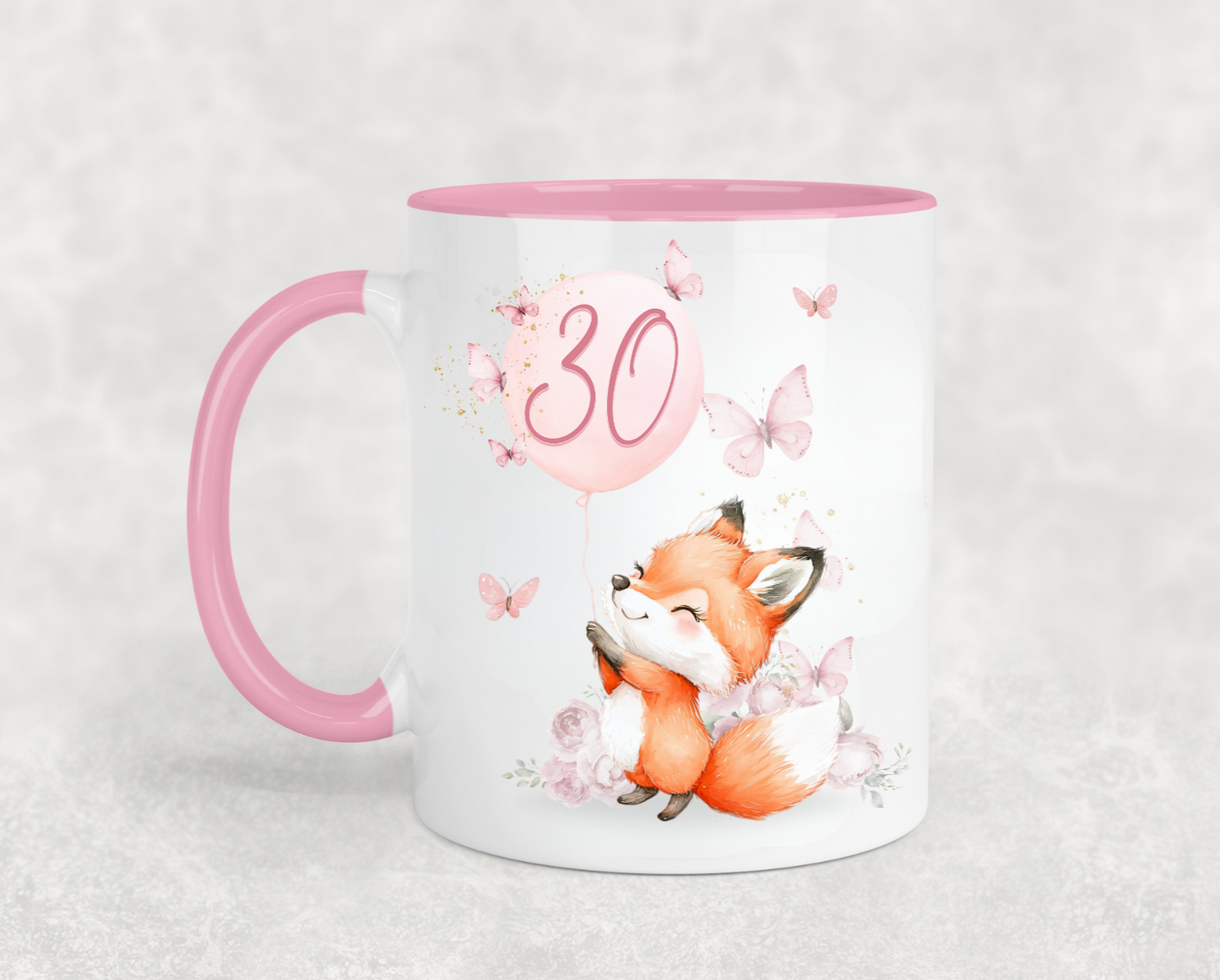 Cute Fox and Butterflies Pink Birthday Mug