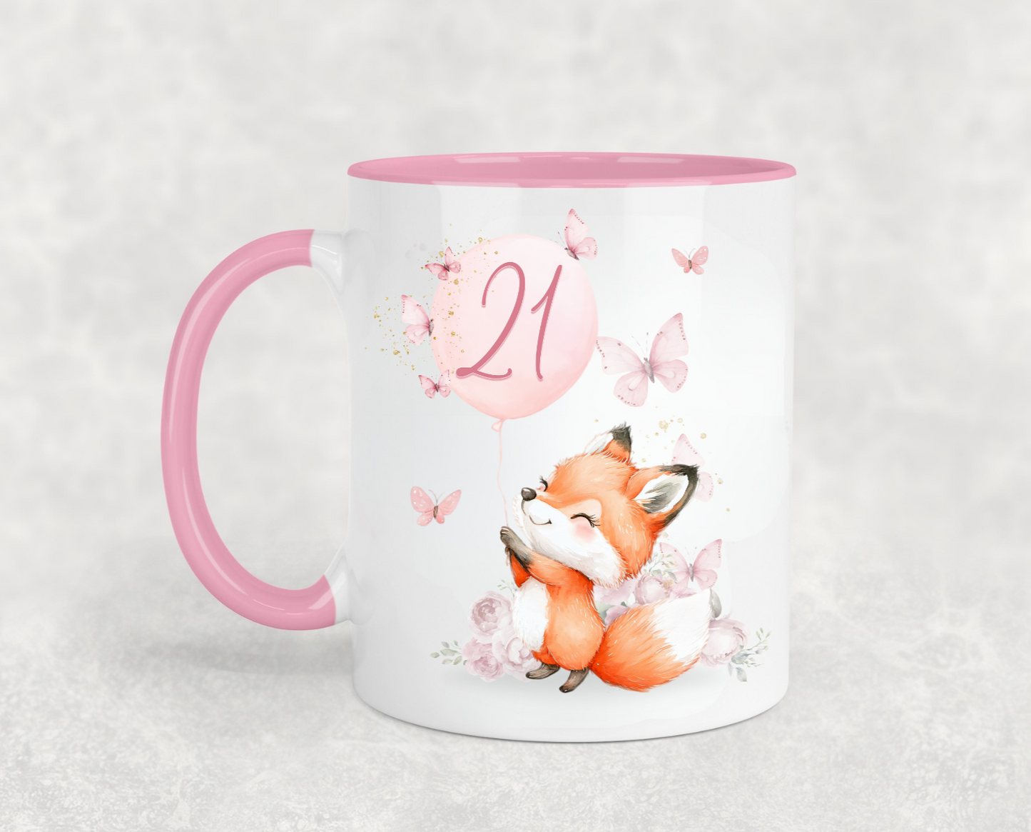 Cute Fox and Butterflies Pink Birthday Mug