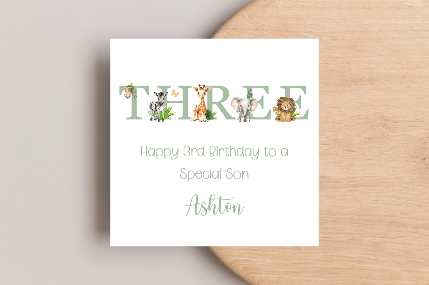 Personalised Jungle Animal Sage Birthday card