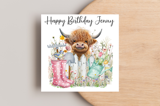 Personalised Spring Highland Cow Birthday Card