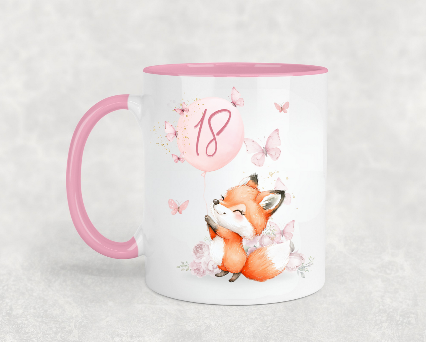 Cute Fox and Butterflies Pink Birthday Mug