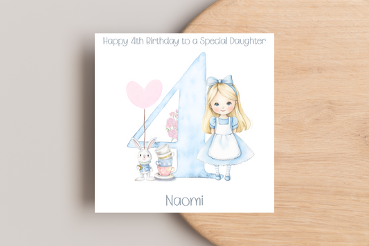 Personalised Alice and White Rabbit 4th Birthday Card