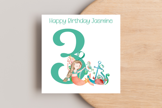 Personalised Mermaid 3rd Birthday Card