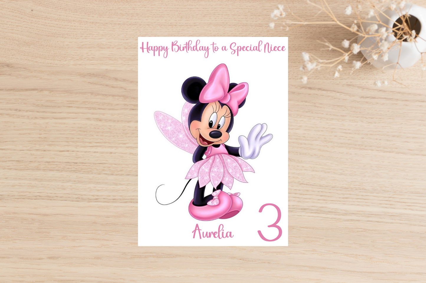 Adorable Minnie Mouse Birthday Card - Personalised with Name, Age, and Relation.