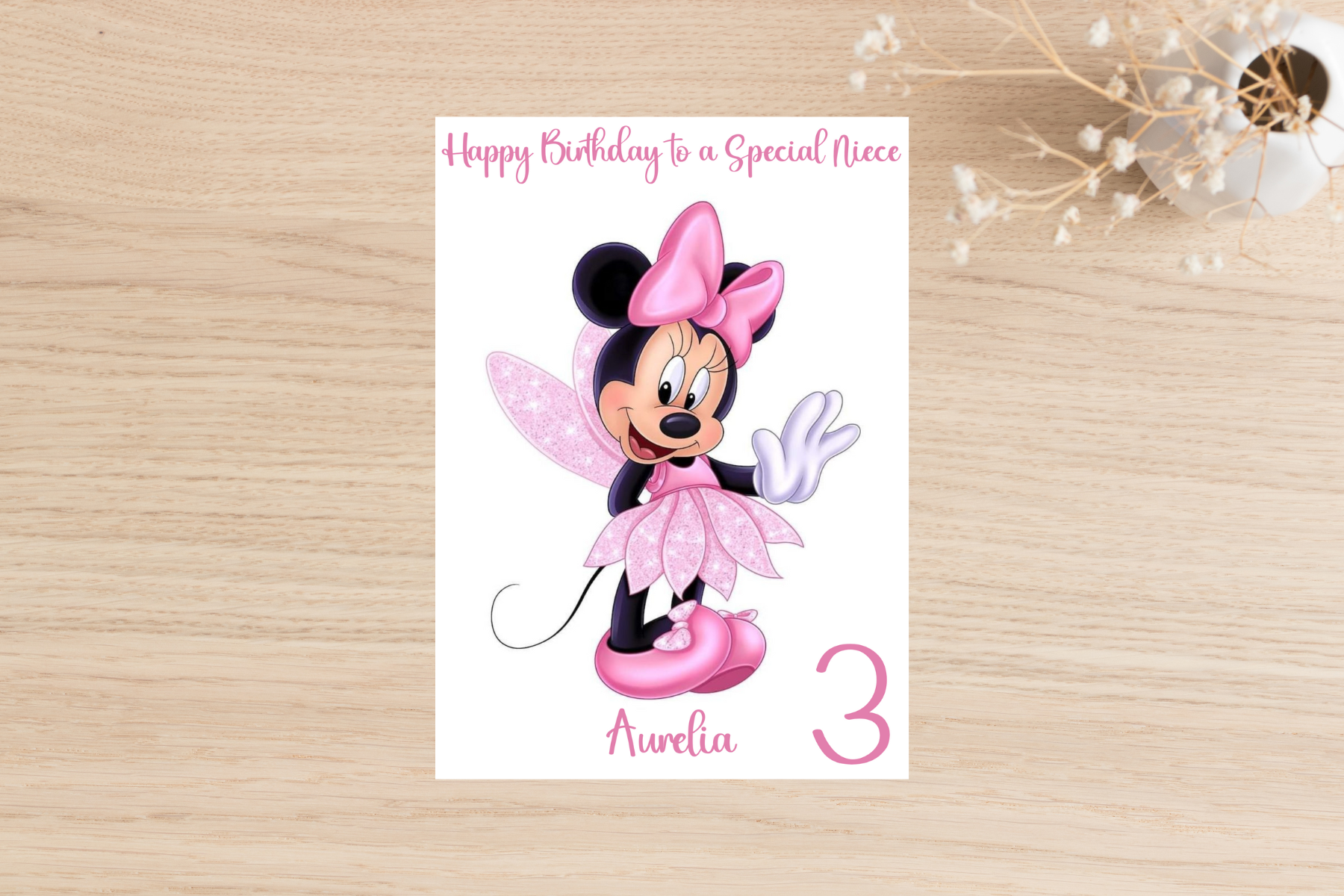 Adorable Minnie Mouse Birthday Card - Personalised with Name, Age, and Relation.