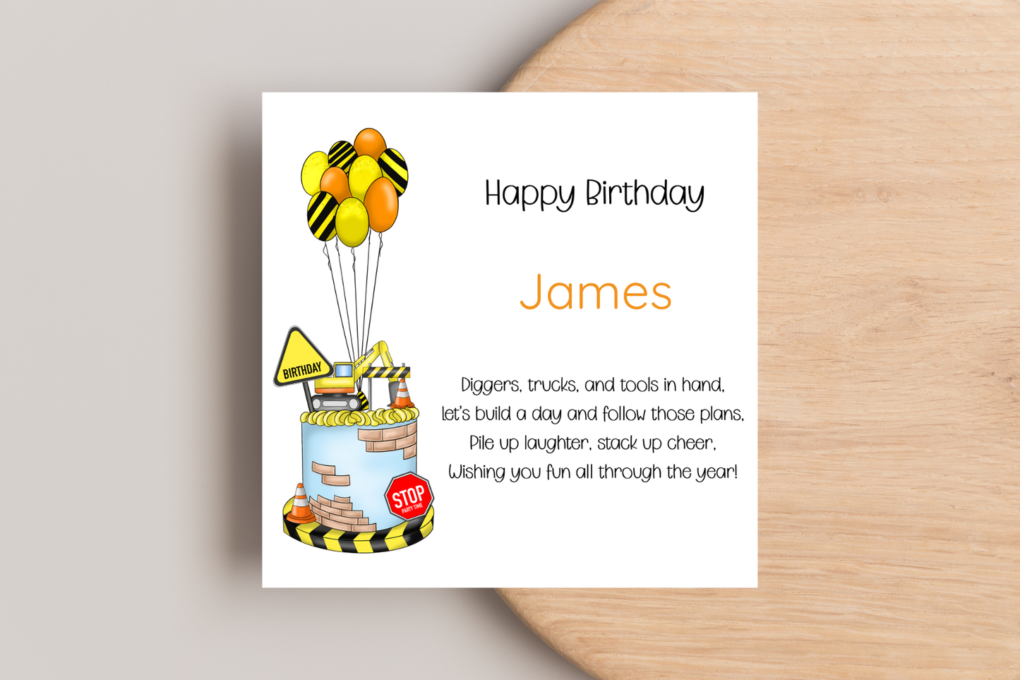 Personalised Construction Inspired Birthday Card