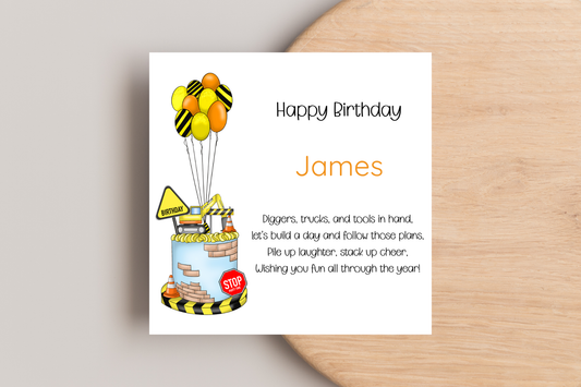 Personalised Construction Inspired Birthday Card