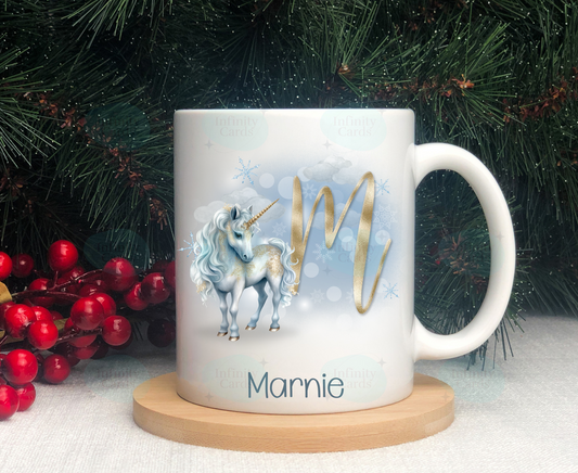 Personalised Blue Unicorn Initial Christmas Mug