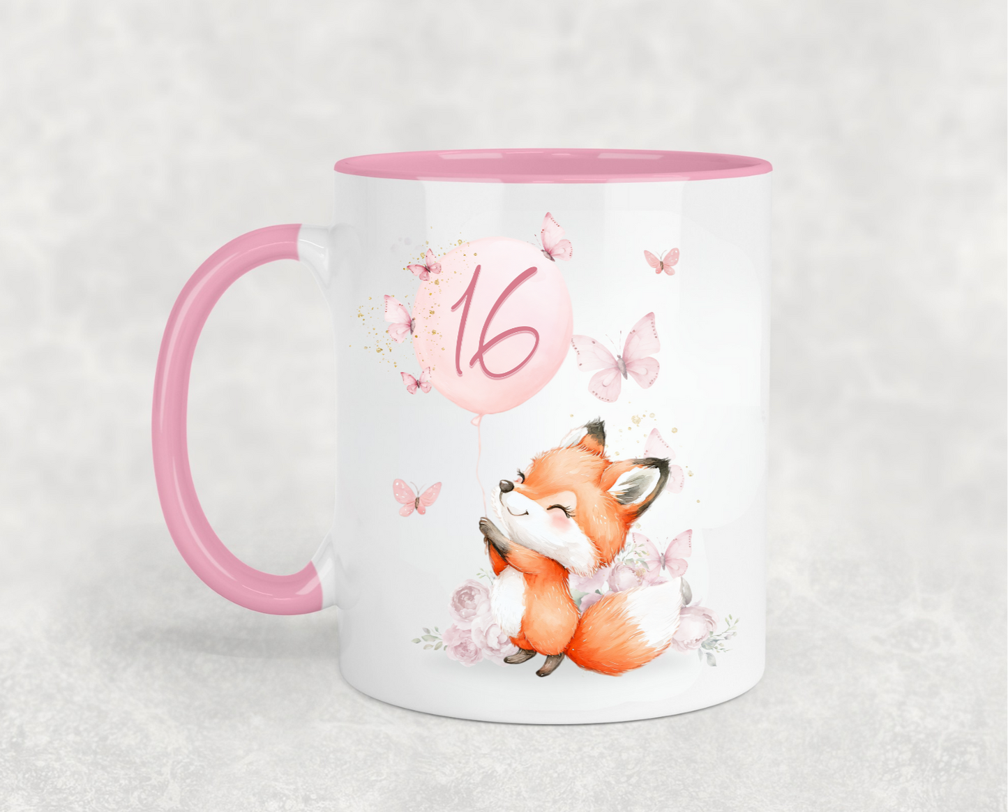 Cute Fox and Butterflies Pink Birthday Mug