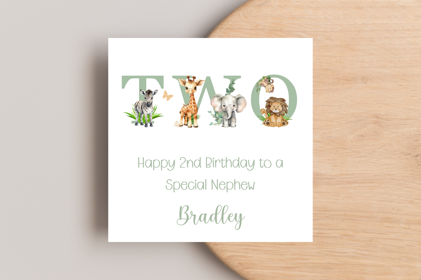 Personalised Jungle Animal Sage Birthday card