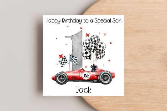 Personalised Racing Car 1st Birthday Card