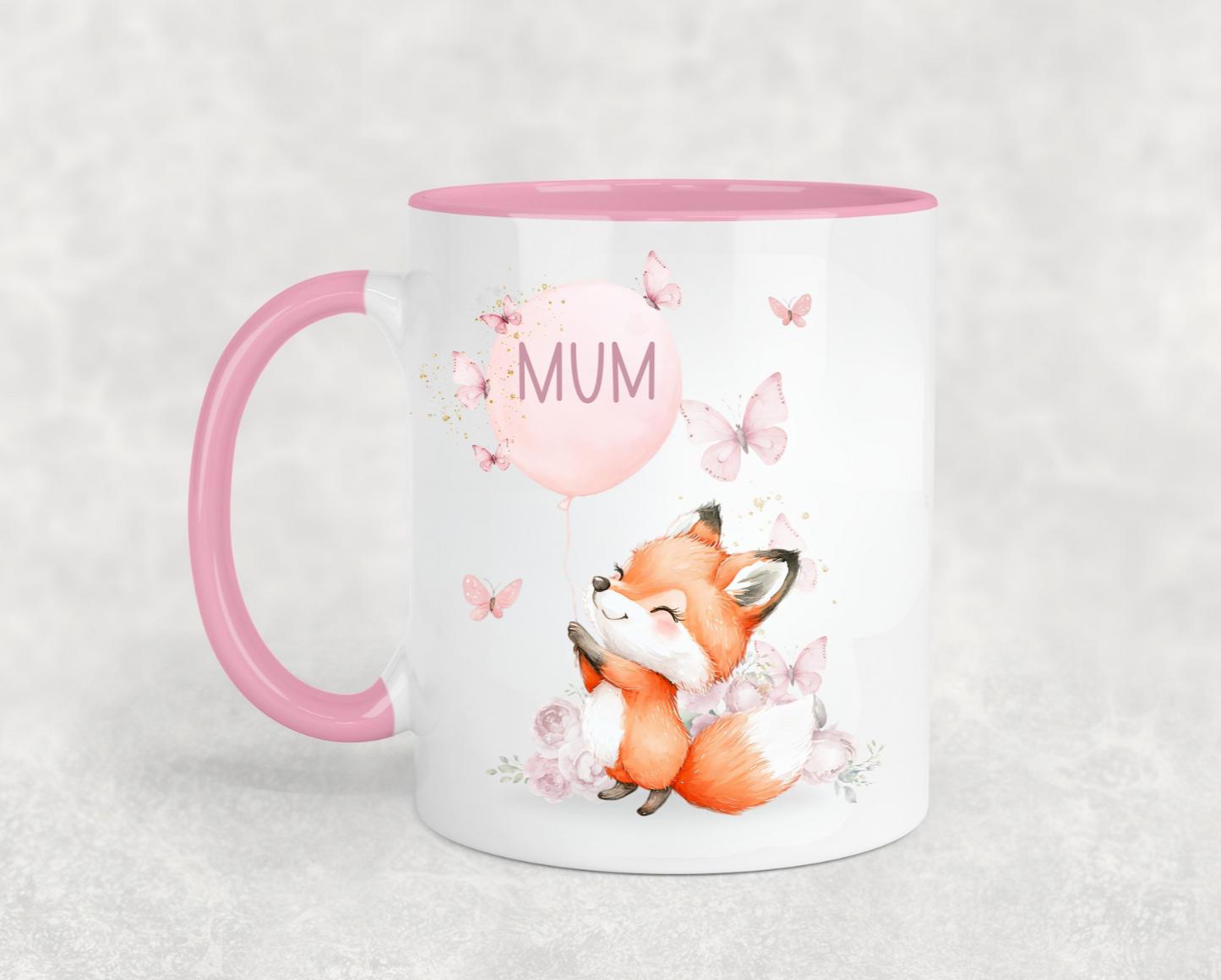 Personalised Fox and Butterflies Pink Mug