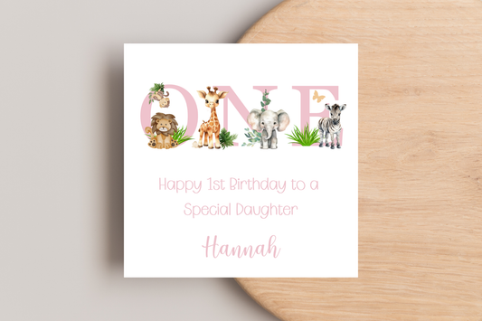 Personalised Jungle Animal Pink Birthday card