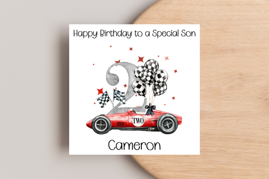 Personalised Racing Car 2nd Birthday Card