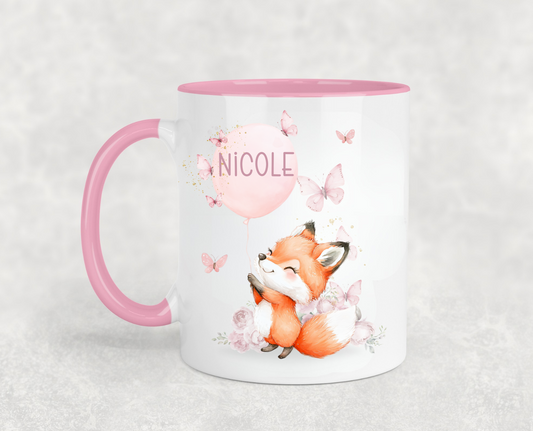 Personalised Fox and Butterflies Pink Mug