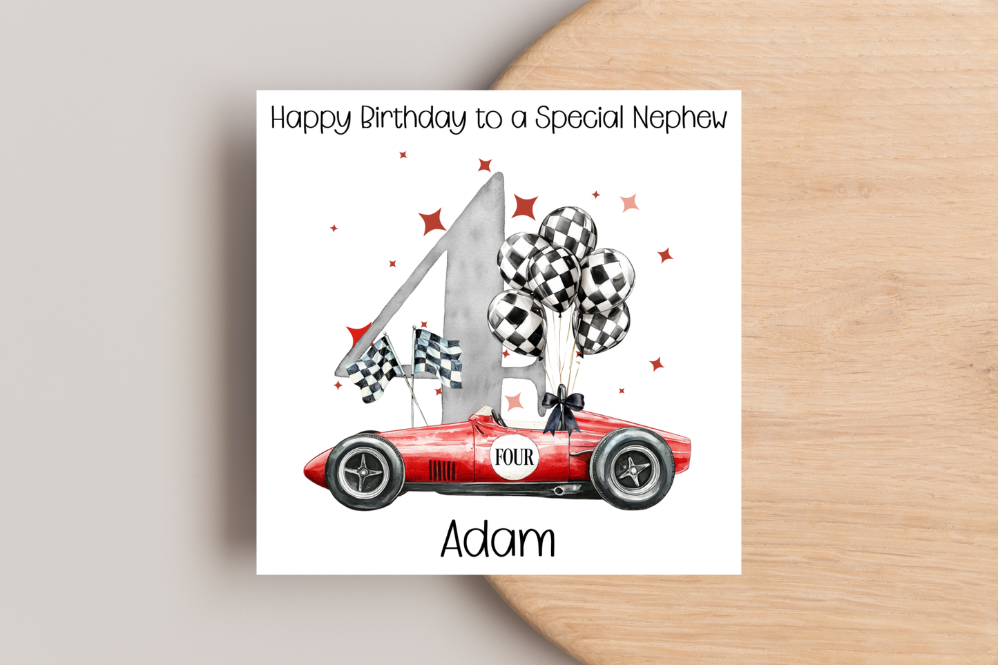 Personalised Racing Car 4th Birthday Card