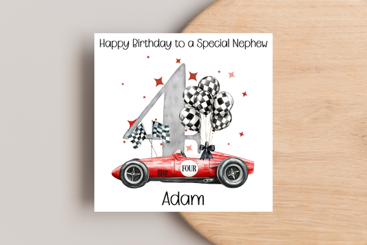 Personalised Racing Car 4th Birthday Card