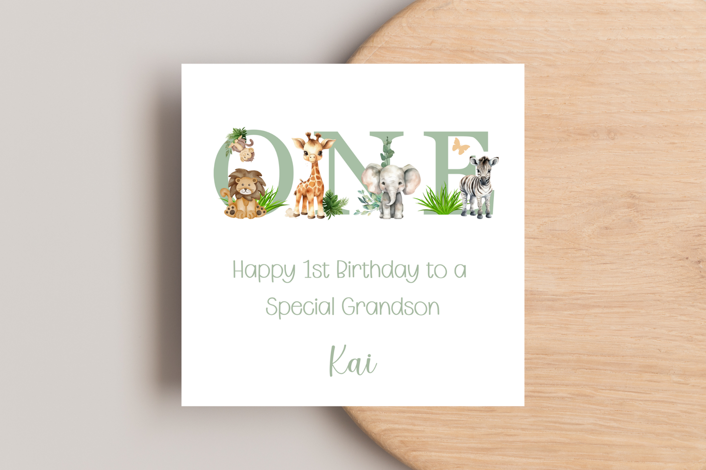 Personalised Jungle Animal Sage Birthday card