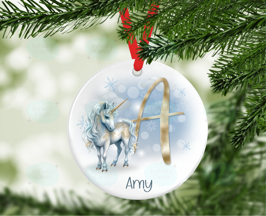 Personalised Blue and Gold Unicorn Initial Tree Decoration