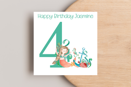 Personalised Mermaid 4th Birthday Card