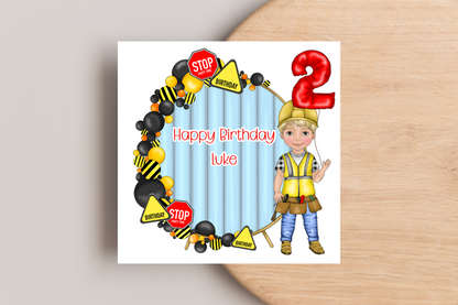 Builder Theme Boy Birthday Card - Personalised Party Fun!