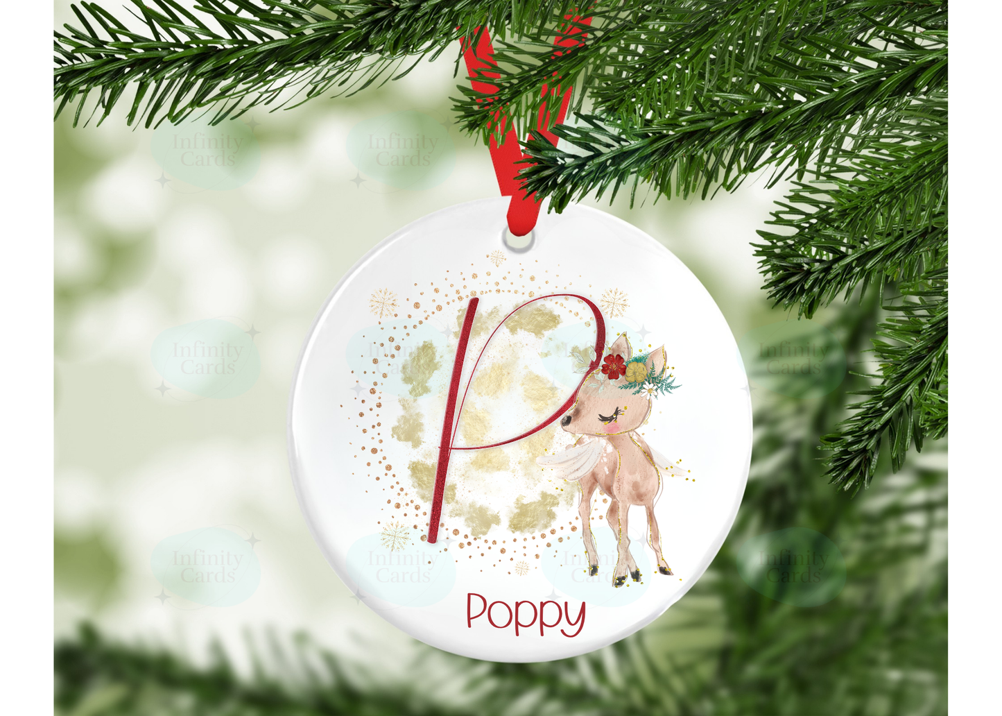 Personalised Gold Initial Reindeer Christmas Bauble