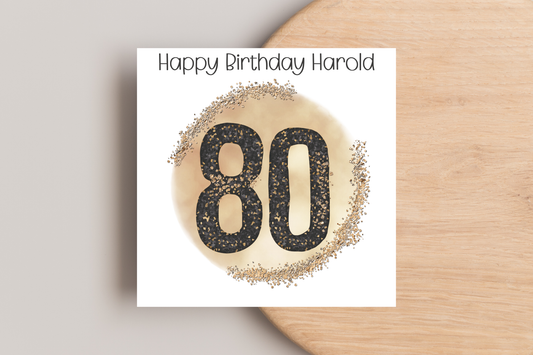 Personalised Black and Gold 80th Birthday Card