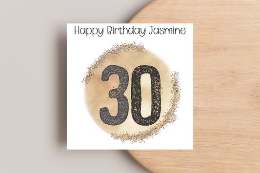 Personalised Black and Gold 30th Birthday Card