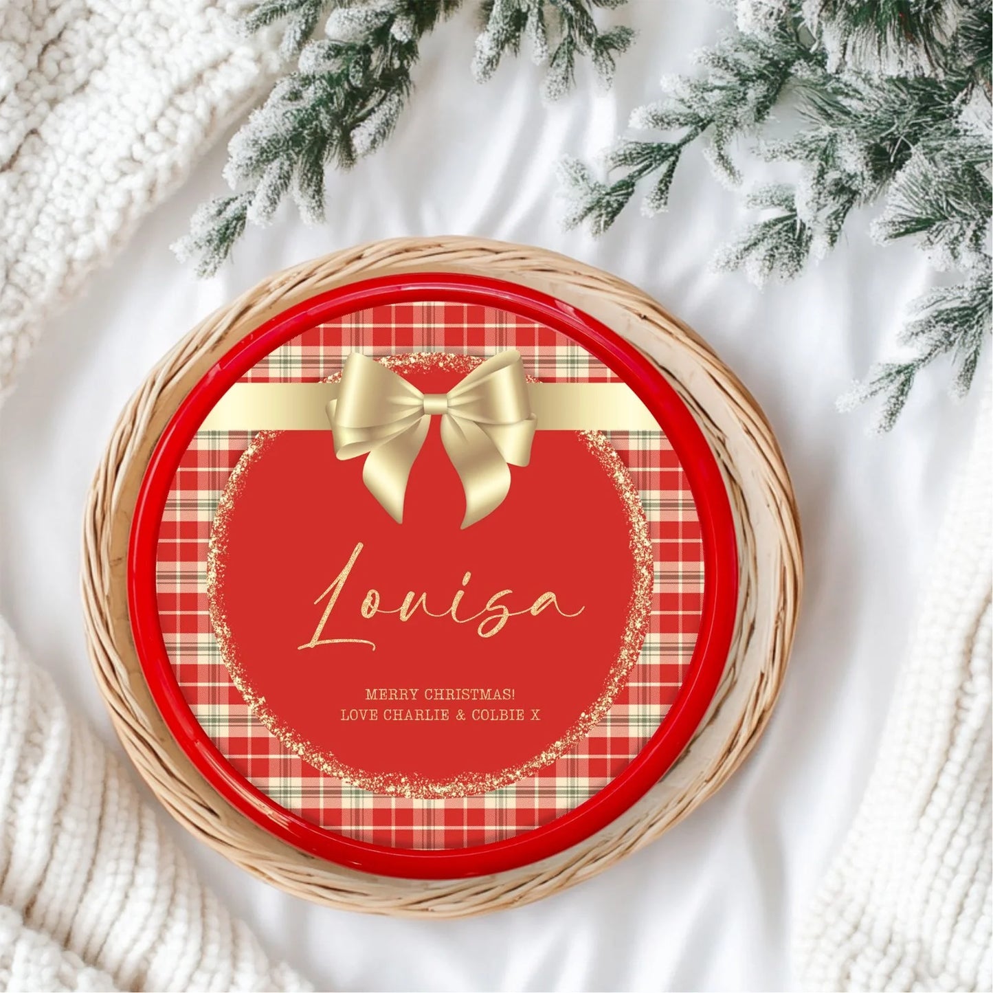 Personalised Traditional Red Tartan Chocolate Tub Solvent Decal