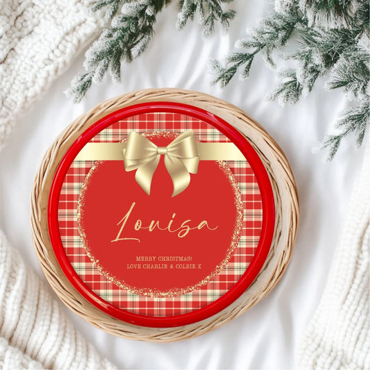 Personalised Traditional Red Tartan Chocolate Tub Solvent Decal