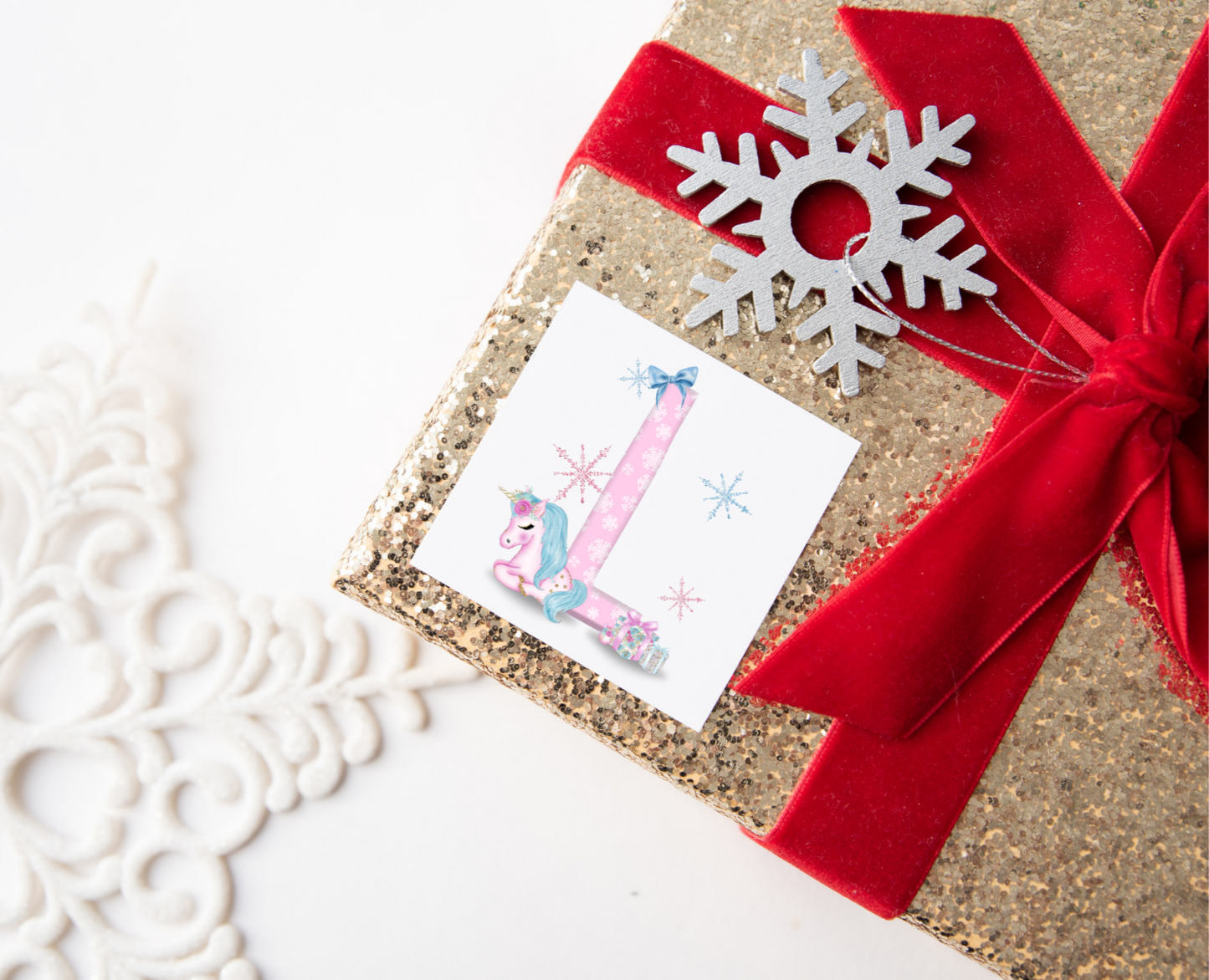 Pink Initial Unicorn Christmas Present Labels