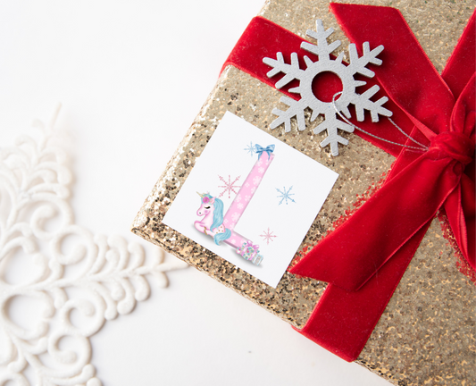 Pink Initial Unicorn Christmas Present Labels