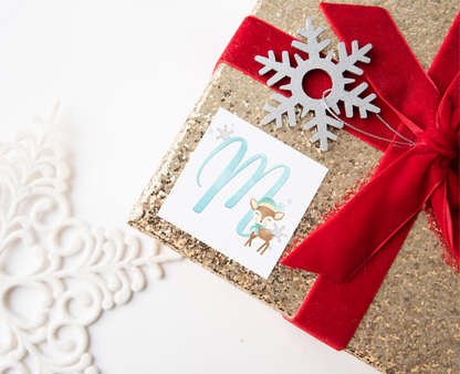 Blue Initial Reindeer Christmas Present Labels