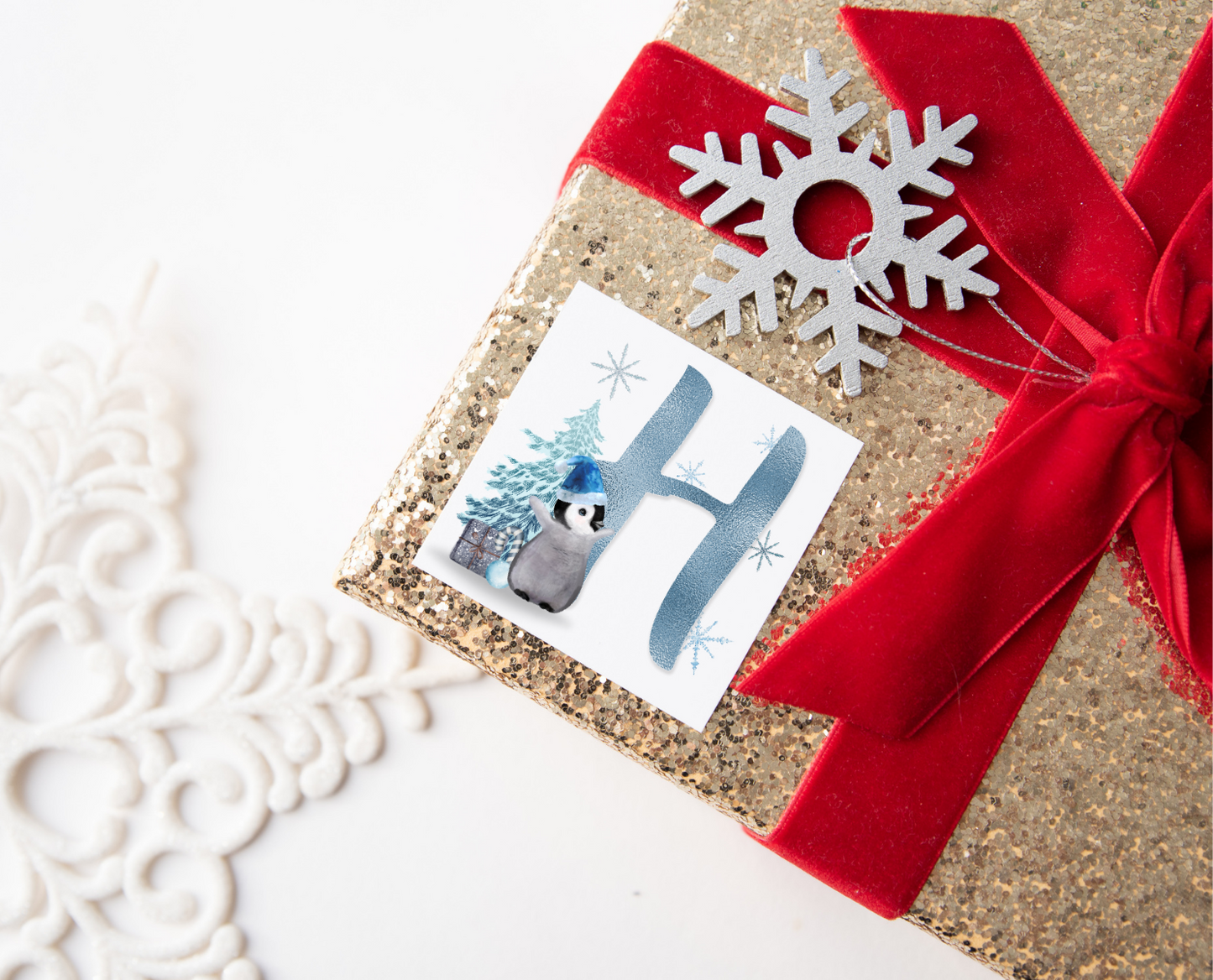 Personalised Initial Blue Penguin Christmas Present Labels