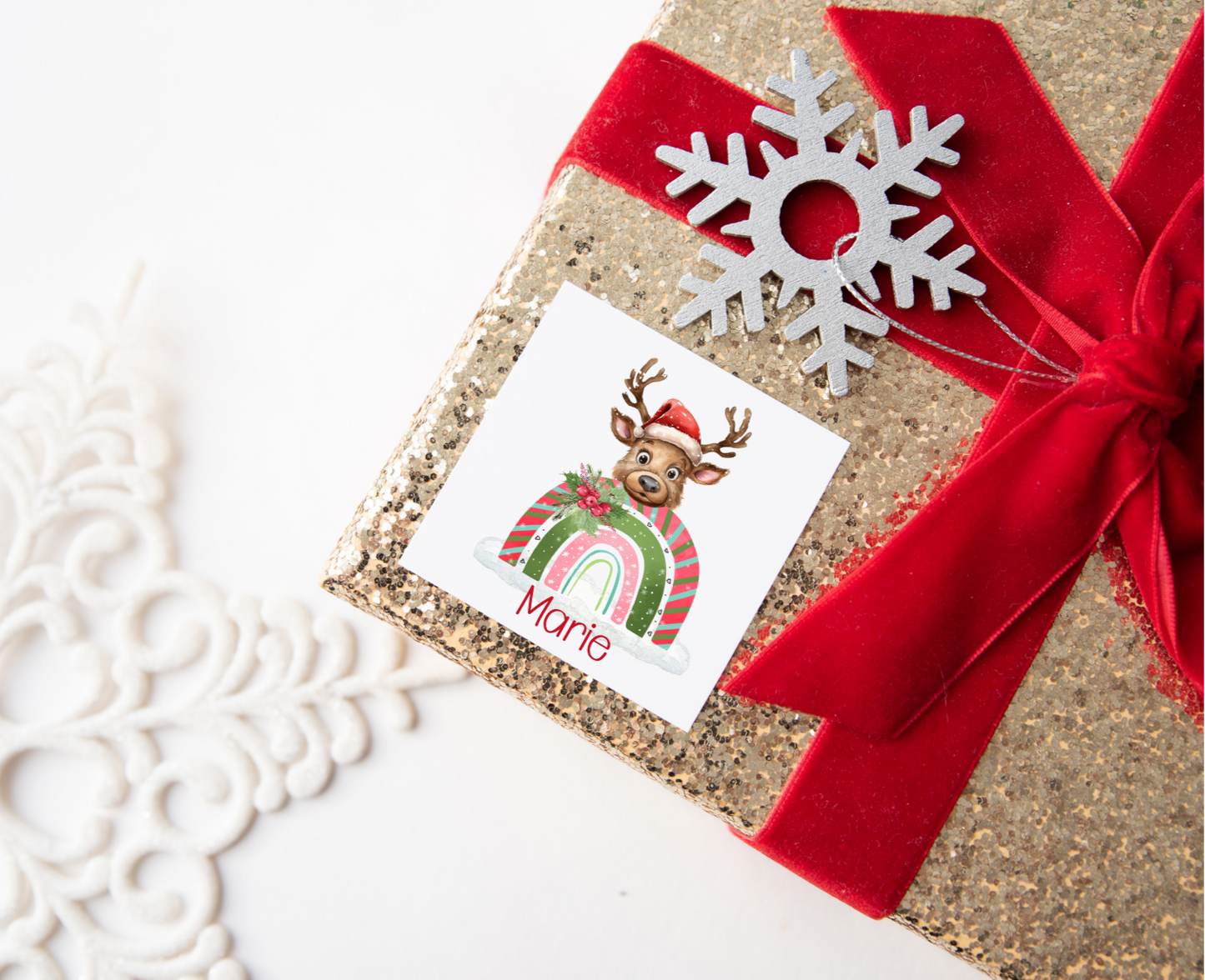 Personalised Christmas Rainbow with Reindeer Christmas Present Labels