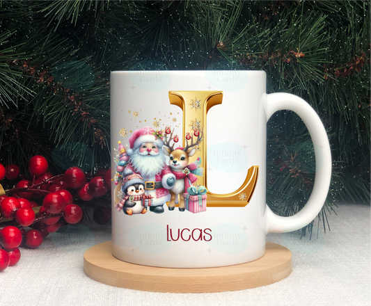 Personalised Golden Santa and friends Christmas mug