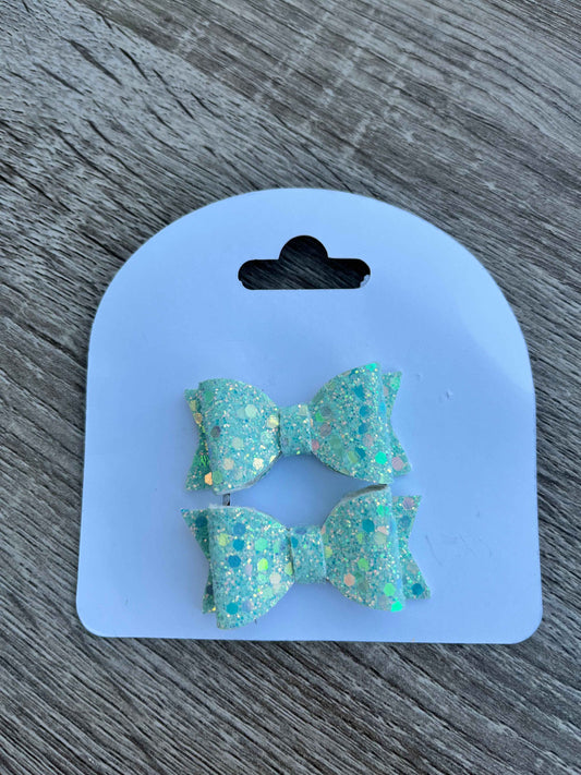 Mint Glittery Girls pigtail Hair Bows
